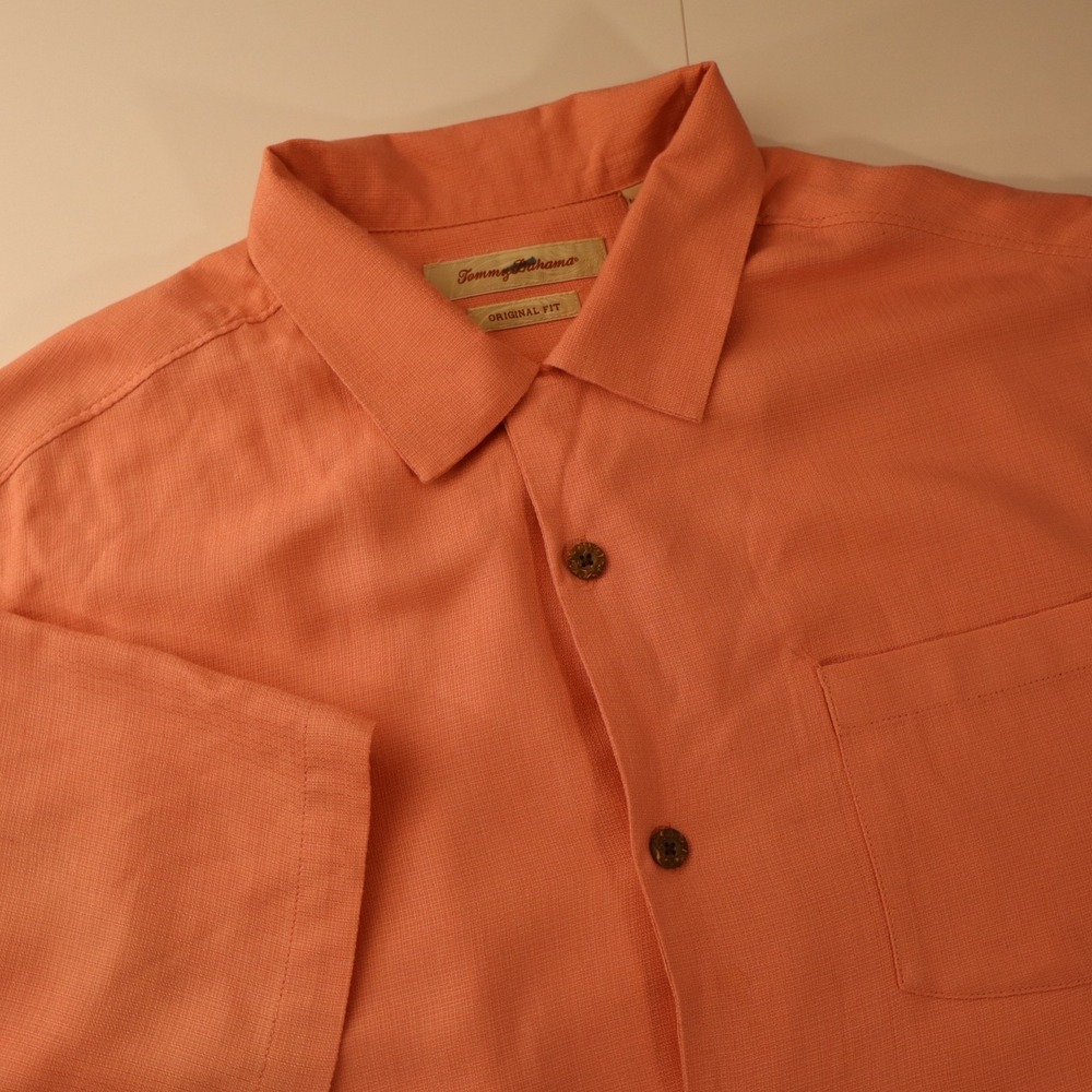Tommy Bahama Mens L Pink Silk Tropical Origi Fit Short Sleeve Button Up Shirt
